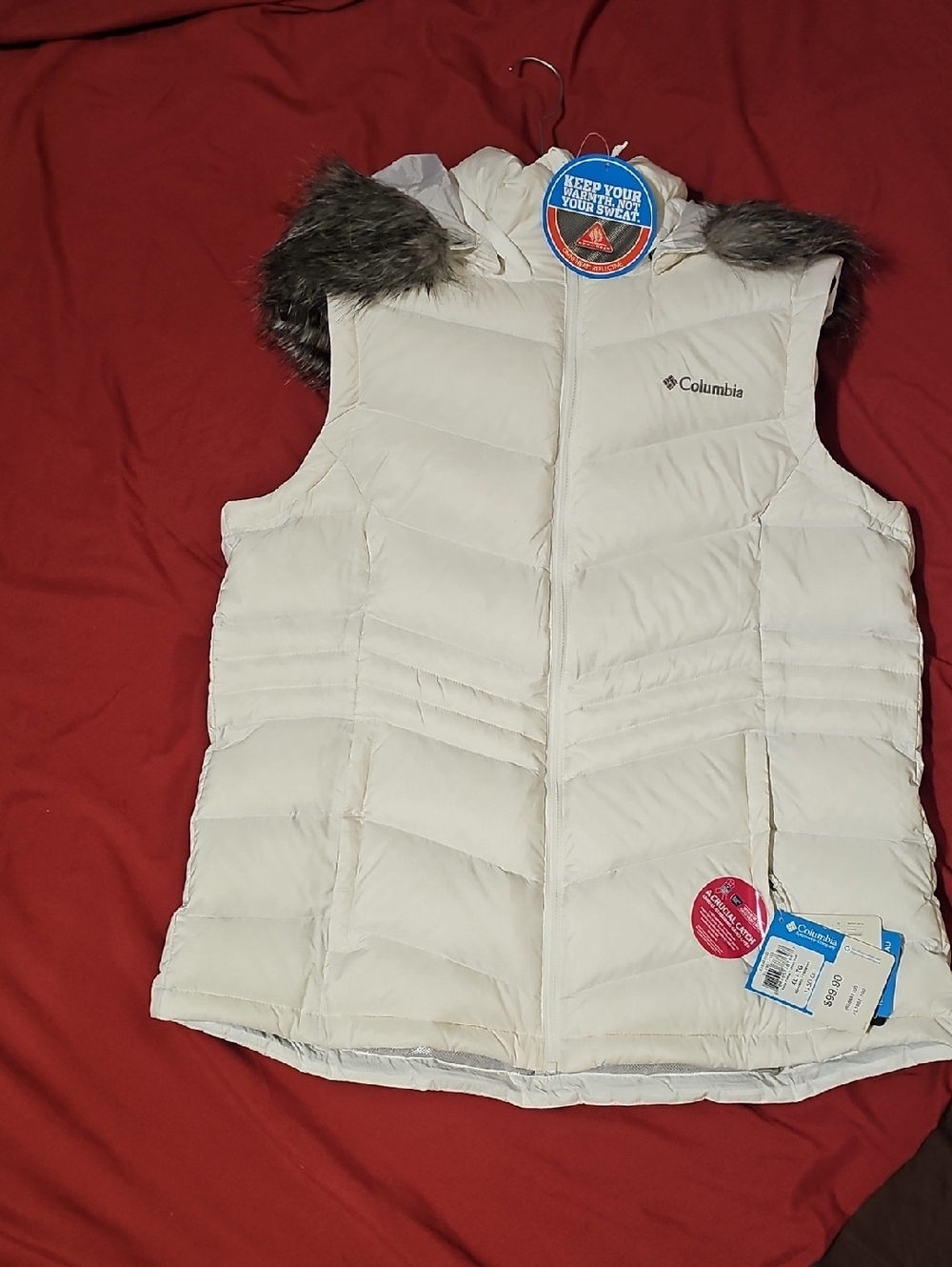 Columbia Cream Quilted Hooded Puffer Vest with Faux Fur Trim